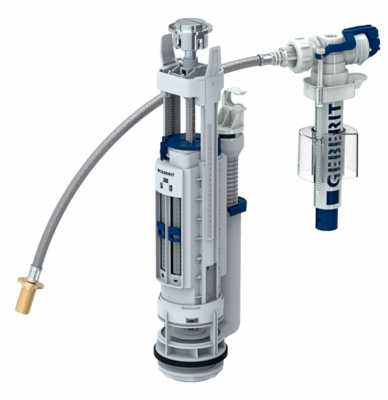 Смывной механизм для бачка унитаза Geberit тип 290-380, двойной смыв, подвод воды универсальный, 3/8'' и 1/2'', ниппель из латуни: Глянцевый хром