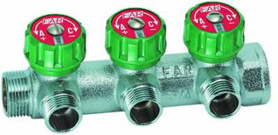 Коллектор регулирующий проходной MULTIFAR размером 3/4", кол-во отводов 3 шт., резьба на отводах 1/2" под плоскую прокладку