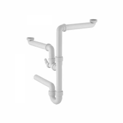 Сифон для колена патрубка, для двух смещенных кухонных раковин, с угловым шланговым соединителем, горизонтальный выпуск: d=40мм, G=1 1/2дюйм, Альпийский белый, Geberit