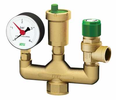 Группа безопасности котла (корпус группы безопасности котла + предохранительный клапан 3 бар + воздухоотводчик + манометр 0-4 бар), ВР 1", без покрытия