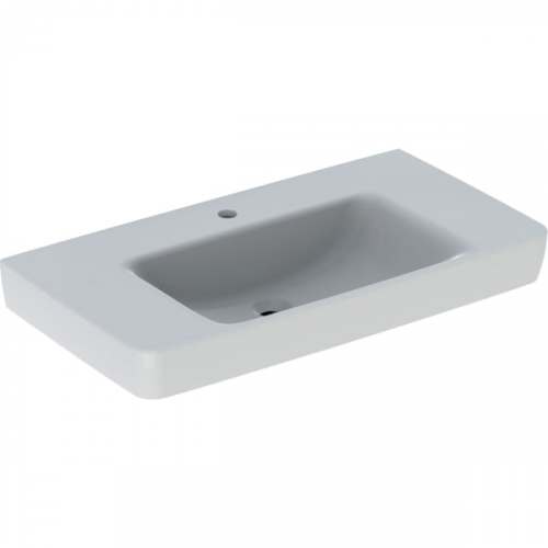 Раковина Geberit Renova Plan с полкой: B=90см, T=48см, Отверстие под смеситель=По центру, Перелив=Без, Полка=Левый и правый, Белый