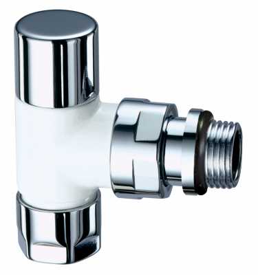 Запорный вентиль TOP line, угловой, накидная гайка M24x19 х 1/2" с уплотнением на хвостовике к радиатору из EPDM, белый с серебром