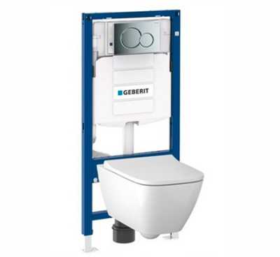 Инсталляция Geberit c унитазом Geberit Smyle Square Rimfree 500.300.21.S, сиденье микролифт клавиша глянцевый хром, комплект Идеальная пара